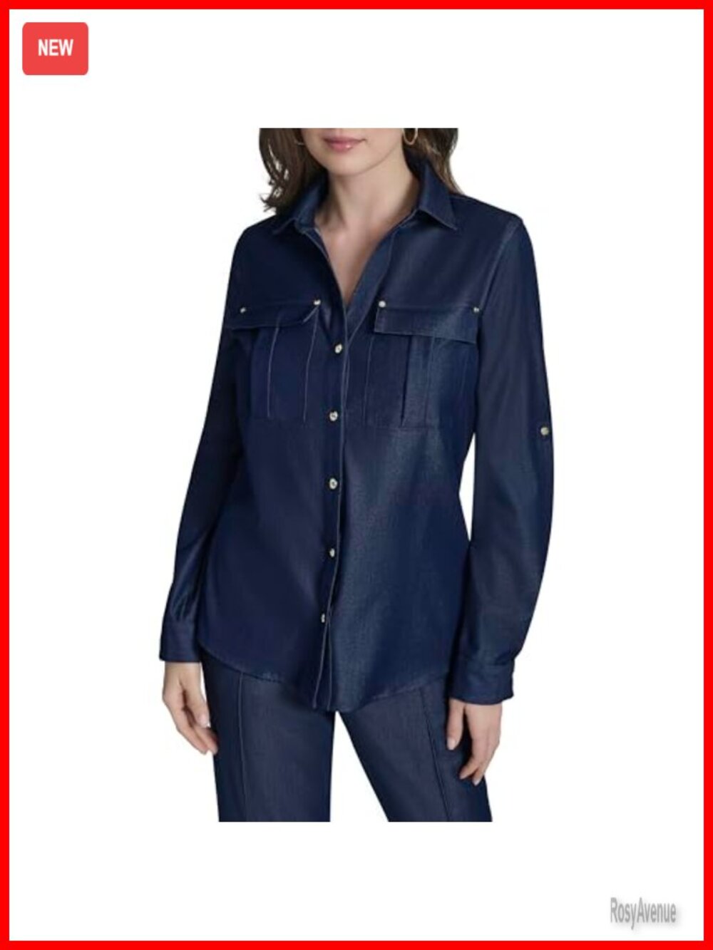 Denim-Like Collared Button Front Top with Roll-Tab Sleeves